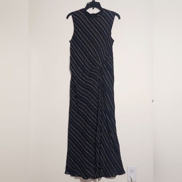 EUC THEORY Women's 100% Silk Draped Tucked Midi Dress Black White Size 8 - Picture 11 of 14